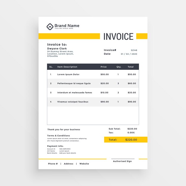 minimal yellow invoice template vector design
