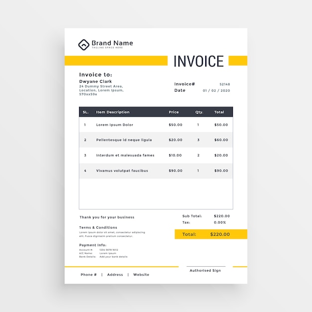 minimal yellow invoice template vector design