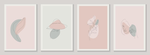 Minimalist abstract aesthetic prints set. backround with organic shapes, woman silhouette, lines and floral elements. wall art poster. vector illustration. collection of abstract contemporary posters