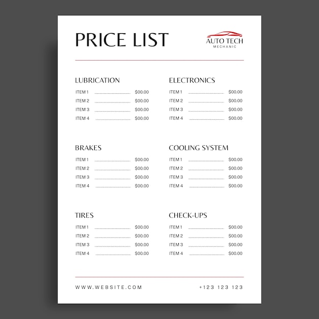 Minimalist auto tech mechanic price list