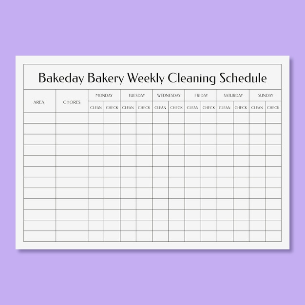 Minimalist bakeday bakery weekly cleaning schedule