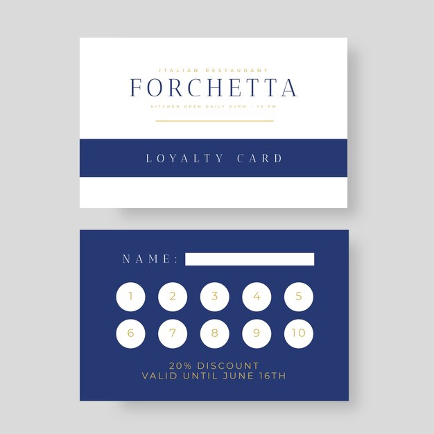 Minimalist blue forchetta restaurant loyalty card template