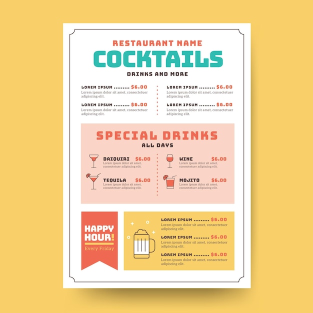 Free vector minimalist cocktail menu template