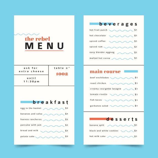 Minimalist colorful restaurant menu template