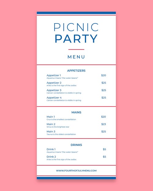 Minimalist company fourth of july picnic menu template