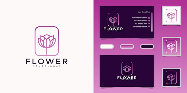 ラインアートスタイルの花のロゴデザイン ロゴと名刺 プレミアムベクター