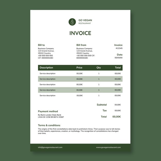 Minimalist go vegan restaurant invoice