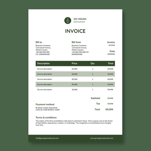 minimalist go vegan restaurant invoice