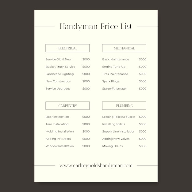 Minimalist handyman price list