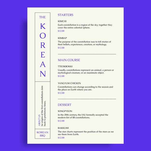 Minimalist korean restaurant menu