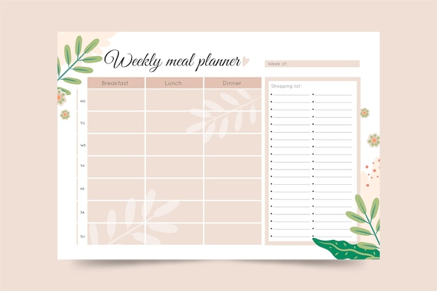 Minimalist meal planner template with leaves