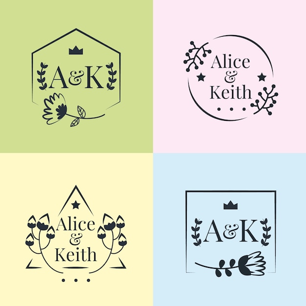 Free vector minimalist pastel colors wedding monograms pack