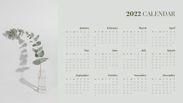 Vettore gratuito modello di calendario 2022 piante minimaliste