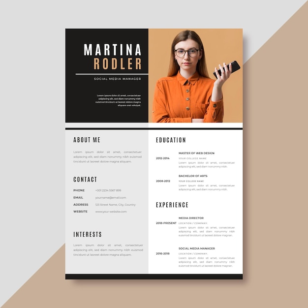 Free vector minimalist resume template with photo