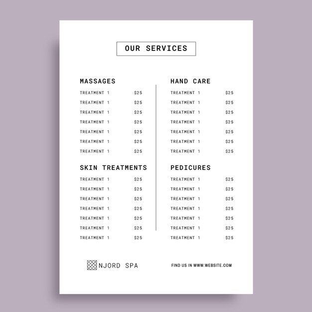 Minimalist spa price list