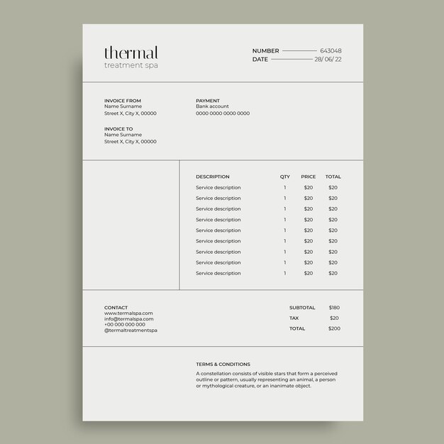 Minimalist thermal treatment spa invoice template