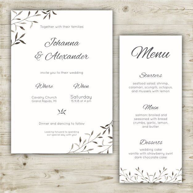 Minimalist wedding invitation and menu