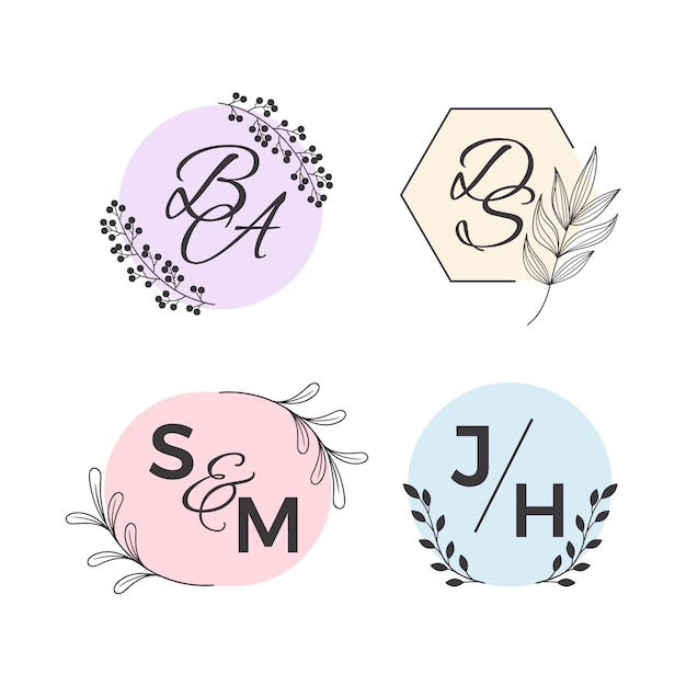 Minimalist wedding monograms in pastel colors set