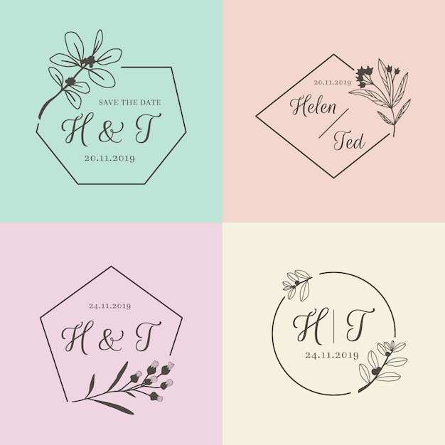 Free vector minimalist wedding monograms in pastel colors