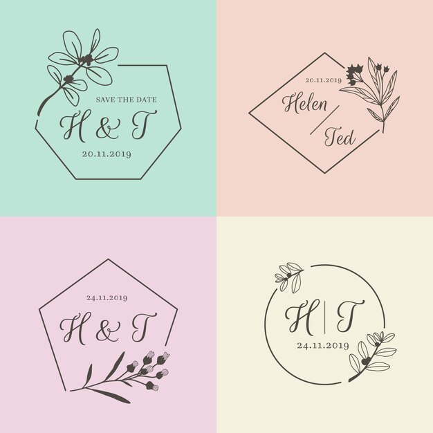 minimalist wedding monograms in pastel colors