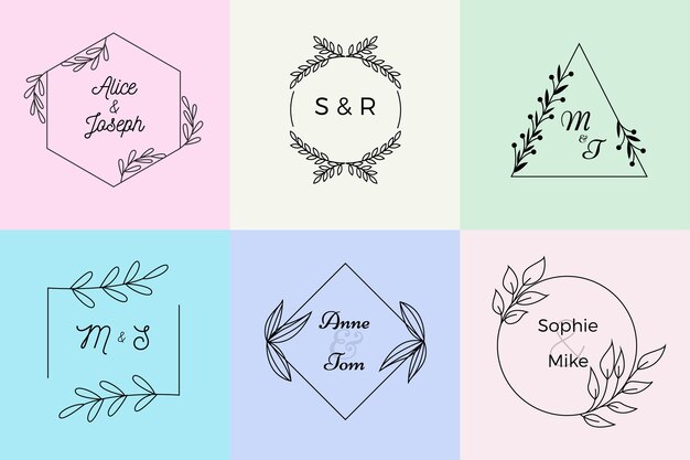 Minimalist wedding monograms in pastel colors