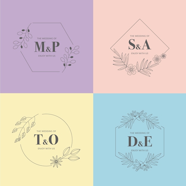 Minimalist wedding monograms in pastel colors