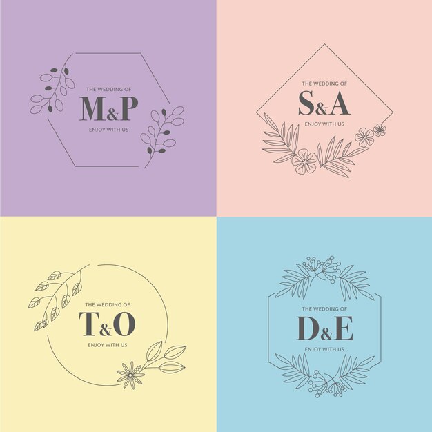 minimalist wedding monograms in pastel colors
