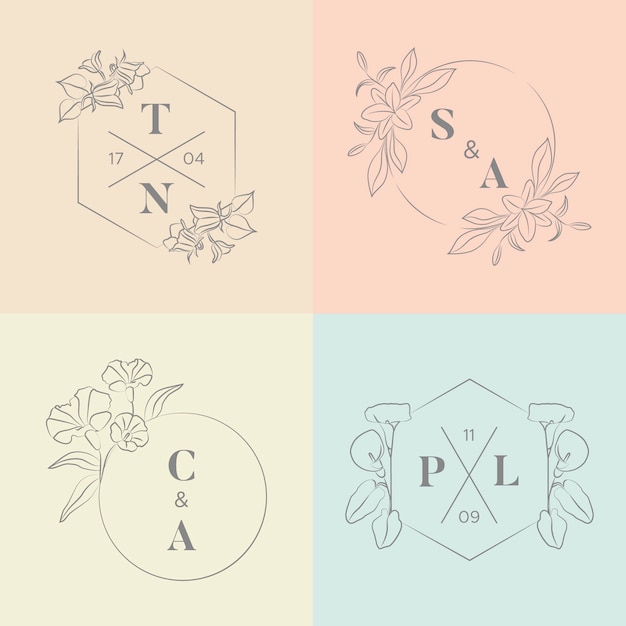 Minimalist wedding monograms in pastel colors