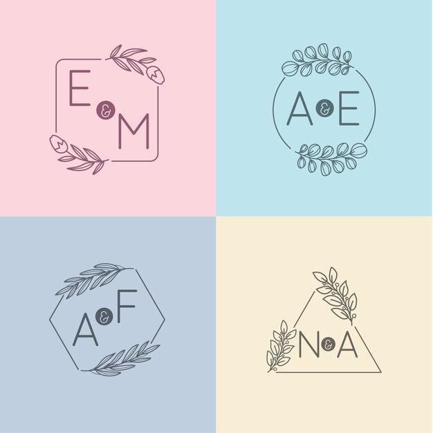 Minimalist wedding monograms in pastel colors