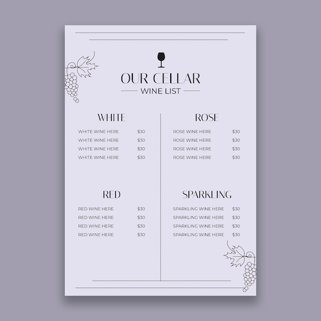 Minimalist wine list menu