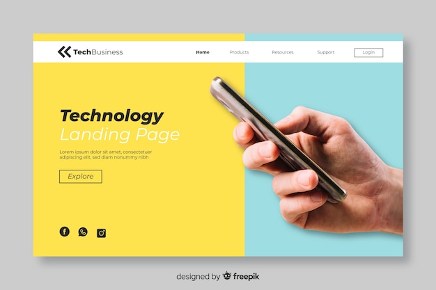 Free vector minimalistic technology landing page with photo