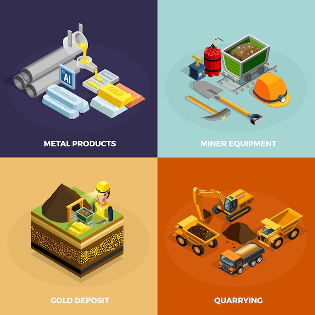  Mining Concept Isometric Icons Set 