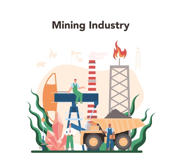 鉱業の概念鉱物と天然資源の採石場で働くつるはし削岩機と手押し車を備えた制服とヘルメットの労働者ベクトルフラットイラスト