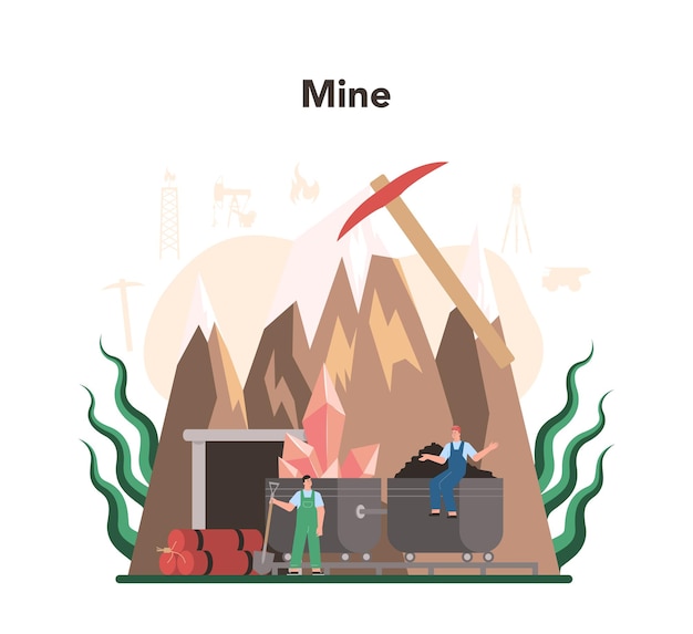 Free vector mining concept mineral and natural resources extraction worker in uniform and helmet with pickaxe jackhammer and wheelbarrow working in quarry vector flat illustration