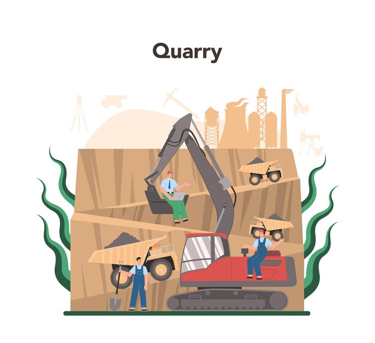 Free Vector mining concept mineral and natural resources extraction worker in uniform and helmet with pickaxe jackhammer and wheelbarrow working in quarry vector flat illustration