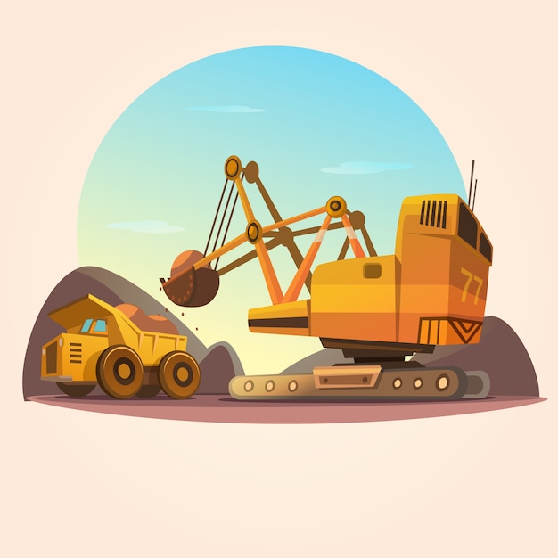 Mining concept with heavy industry machines and coal truck retro cartoon style