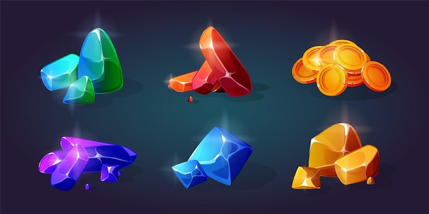 Бесплатное векторное изображение Набор драгоценных камней и денег для игры в горное дело