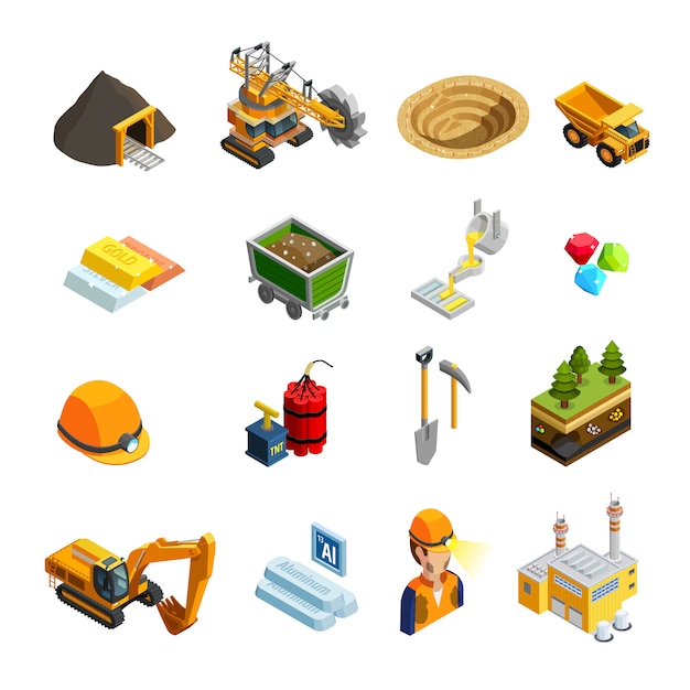 Mining isometric icons set