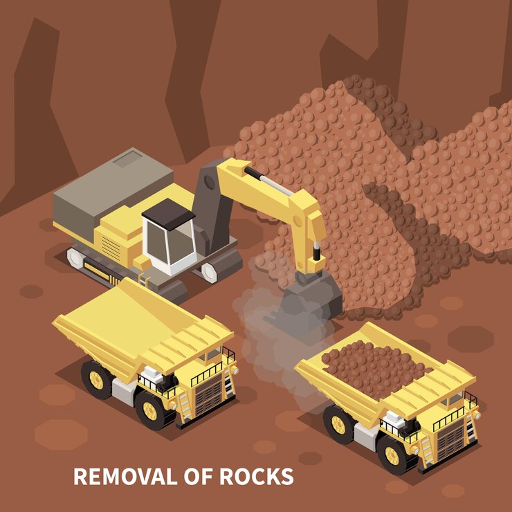 Free Vector mining machinery with excavator and two dump trucks removing rocks illustration