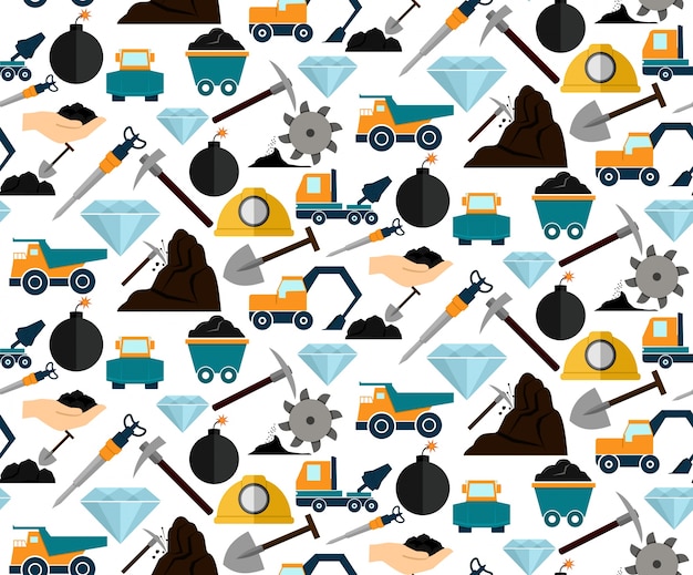 Mining and mineral excavation equipment and machinery seamless pattern vector illustration