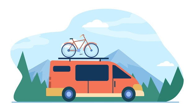 Minivan with bike on top moving in mountain. vehicle, transport, bicycle trip flat illustration.