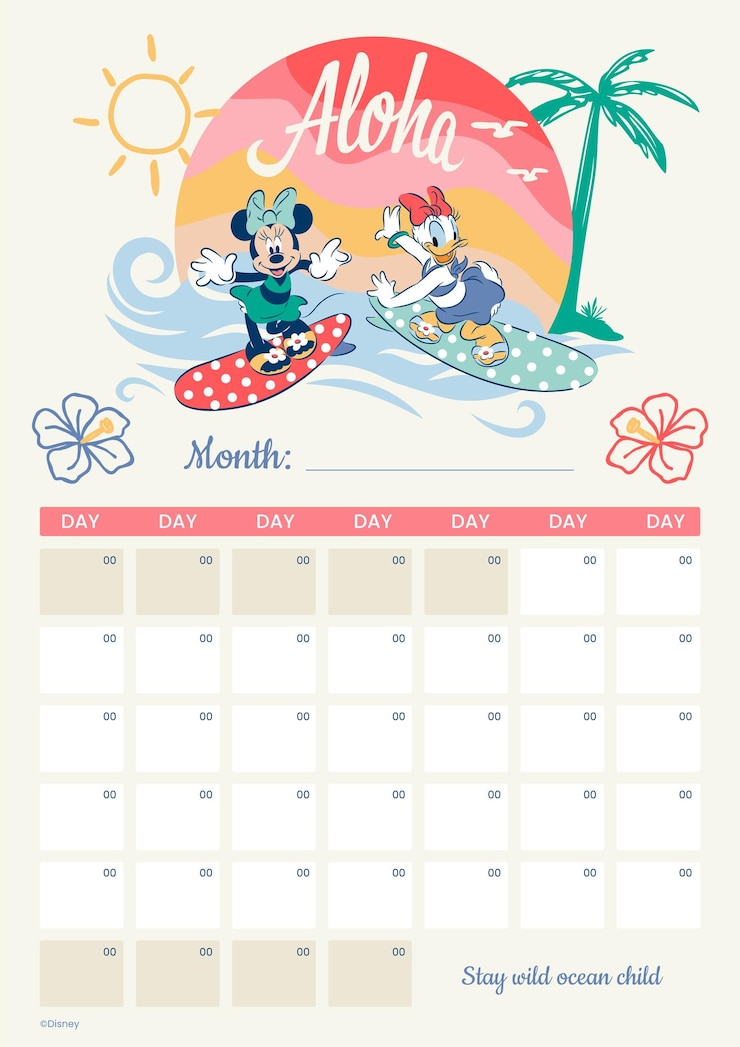 Free Vector minnie mouse summer calendar
