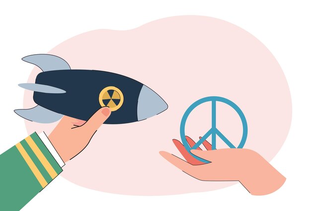 人間の手のフラットベクトルイラストのミサイルと平和のシンボル。平和を求めて、戦争や暴力に抗議する人々。自由、バナー、ウェブサイトのデザインまたはランディングウェブページの武器の概念