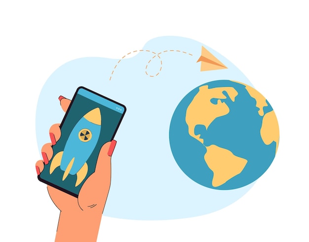 Missile on phone screen in human hand flat vector illustration. Globe in blue and yellow colors. Remote missile launch. Military, weapon concept for banner, website design or landing web page