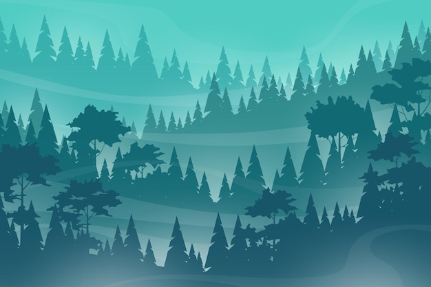 Misty landscape with fog in pine and forest on mountain slopes, illustration nature scene