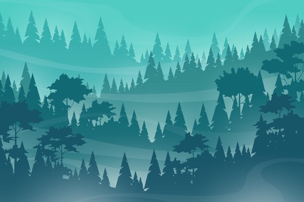 Misty landscape with fog in pine and forest on mountain slopes, illustration nature scene