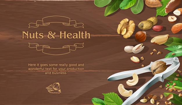 Free vector mix of natural raw nuts on wooden background