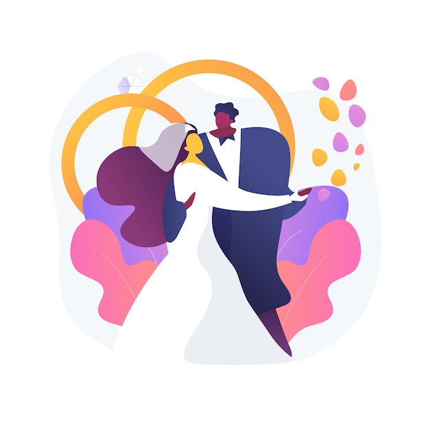 Mixed marriage abstract concept vector illustration. Interracial marriage, different races and religions, happy multiracial family, mixed couple, wedding day rings, traditional abstract metaphor.