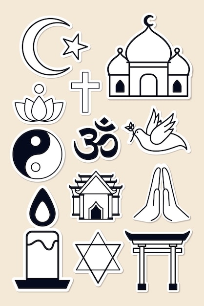 Mixed religious symbols sticker set vector