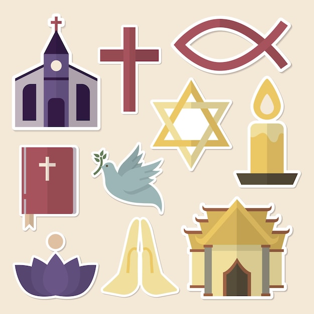 Vettore gratuito set di adesivi con simboli religiosi misti